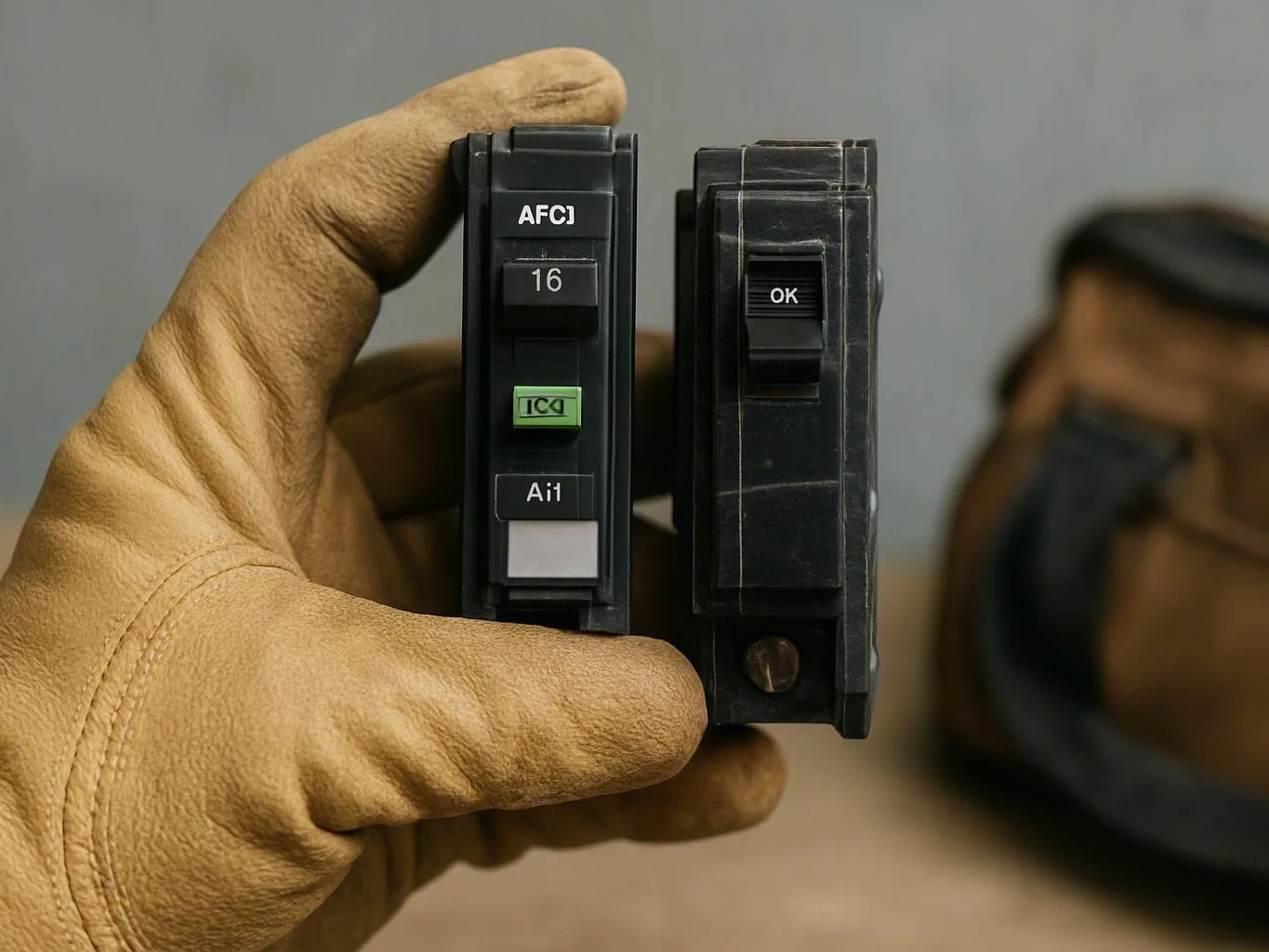 A gloved hand holds two black electrical circuit breakers against a gray background