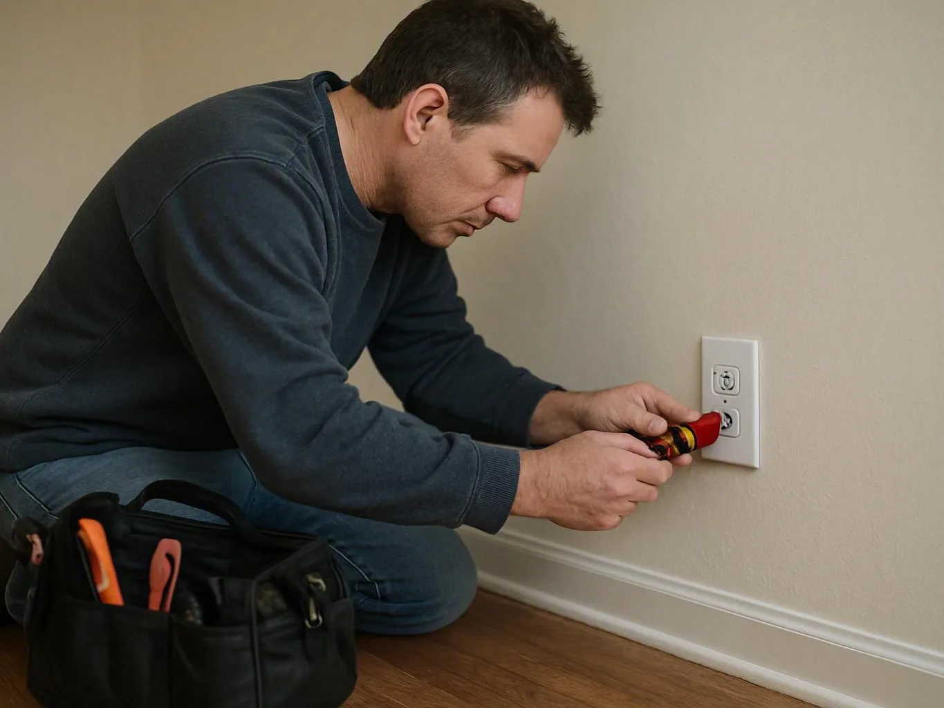 Electrician kneeling beside a wall outlet with a screwdriver and black tool bag