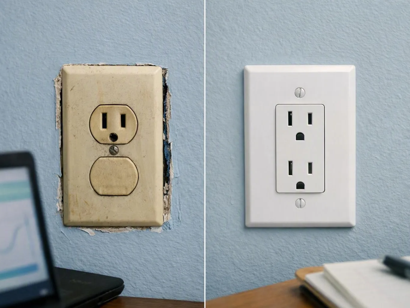 Old yellowed wall outlet beside its new white replacement on a blue wall