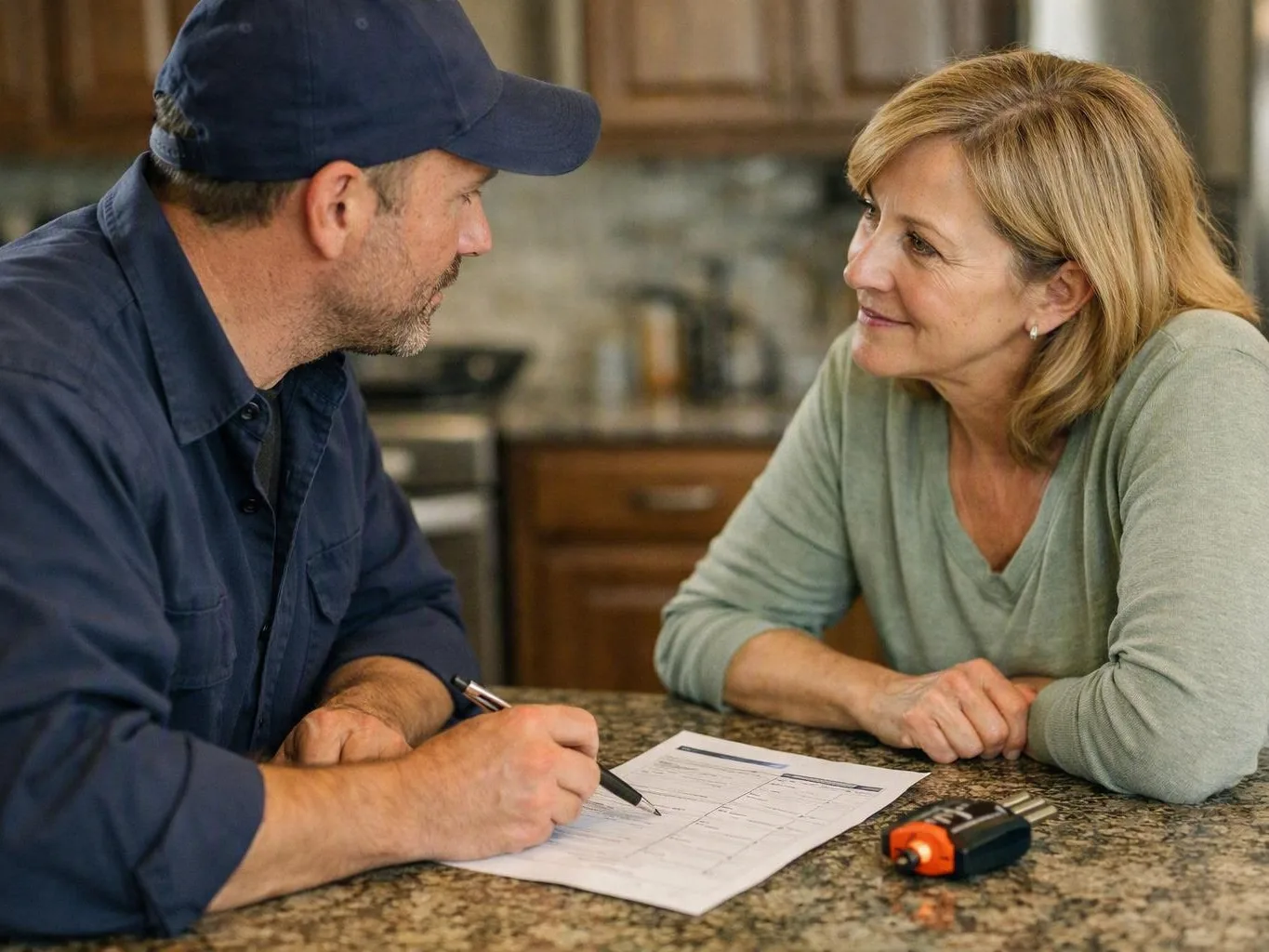 Man completing paperwork while speaking with a woman at a kitchen counter