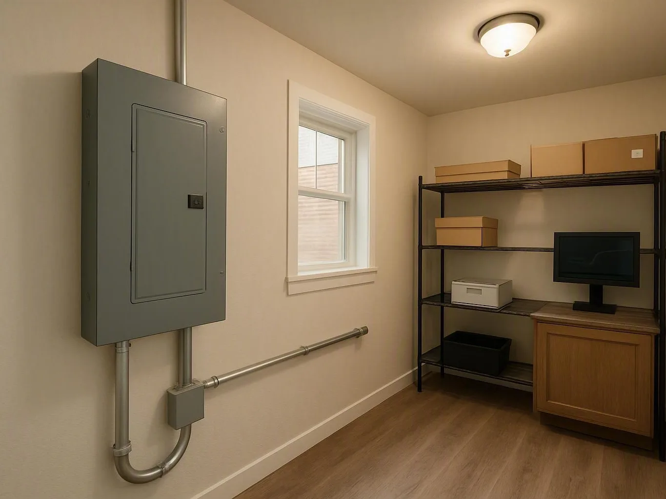 Small utility room with gray electrical panel, shelving, boxes, window, and
