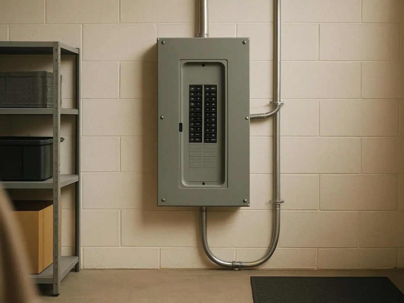 Gray electrical breaker panel mounted on a cinderblock wall beside shelving and