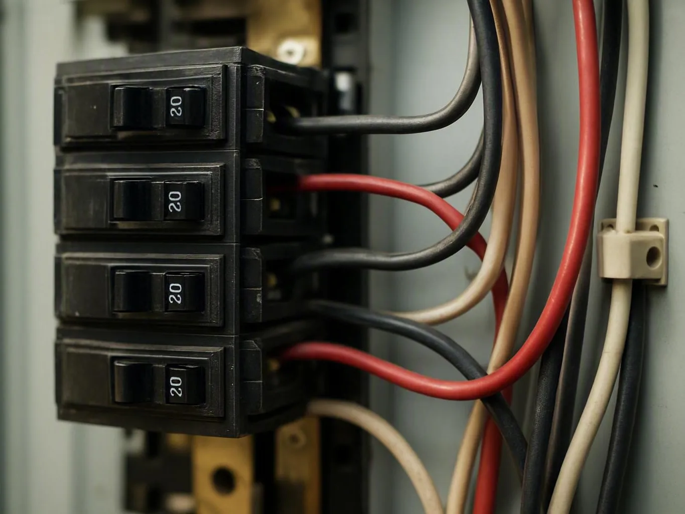 Close-up of four black 20-amp circuit breakers with red, black, and white wires inside an electrical panel