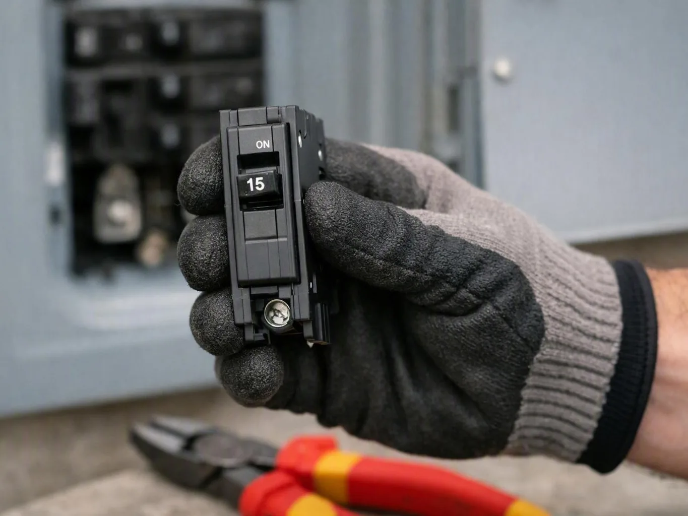 Gloved hands hold a black 15-amp circuit breaker in front of an electrical panel