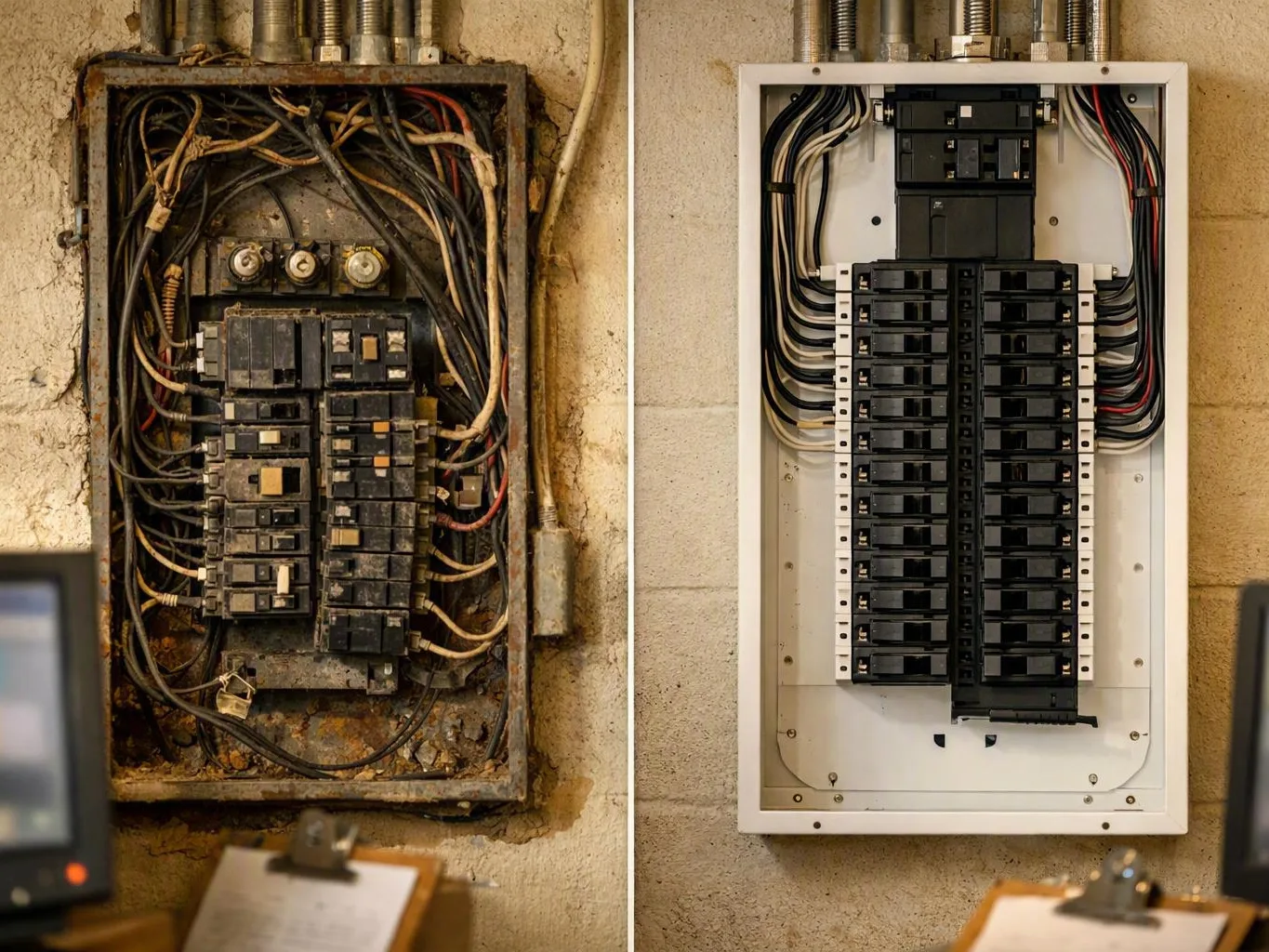Two electrical breaker panels hang on a concrete wall, one rusted and messy, the other clean and newly wired