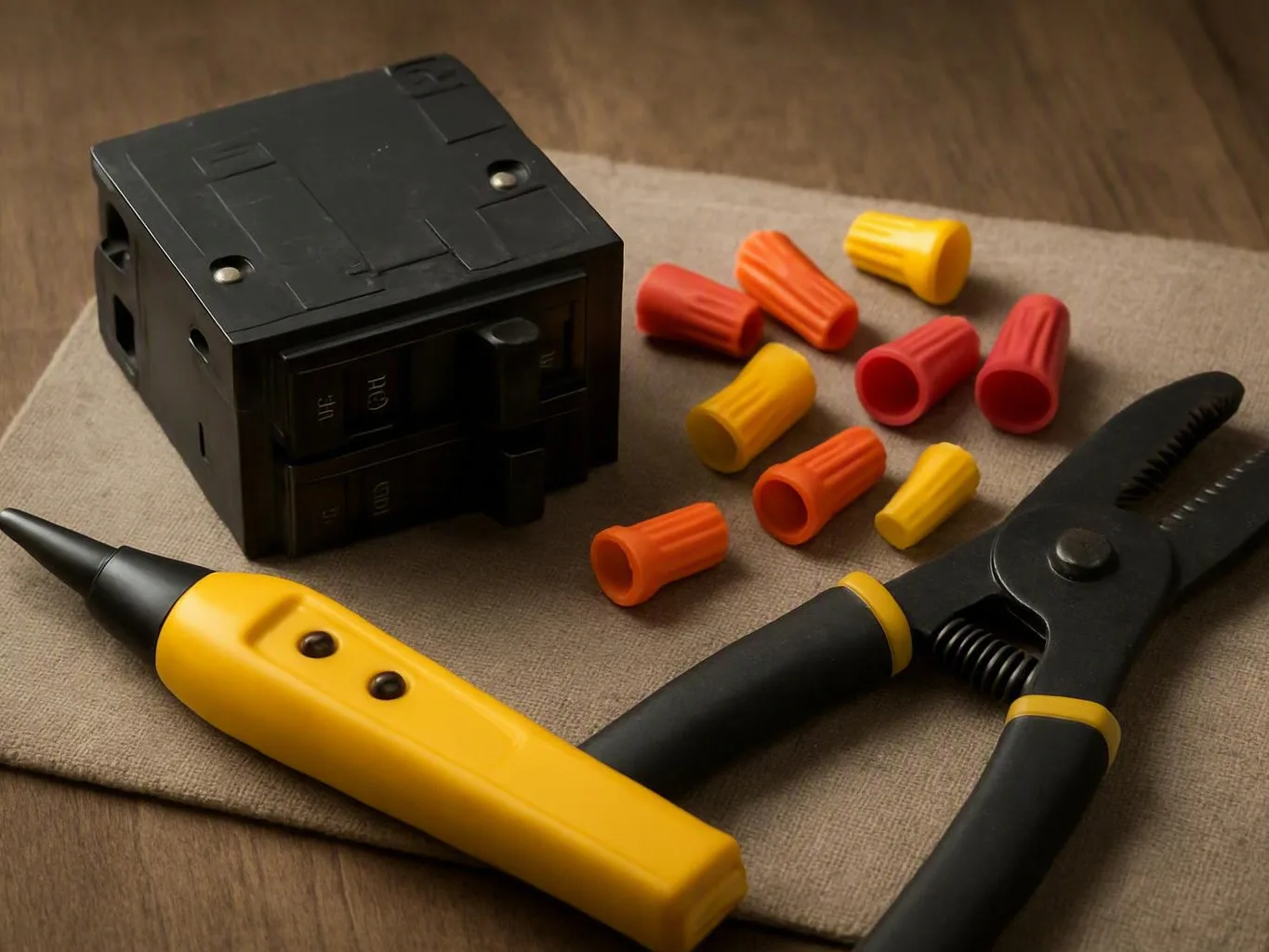 Electrical tools and wire nuts sit on a cloth mat beside a black circuit breaker on a wooden table