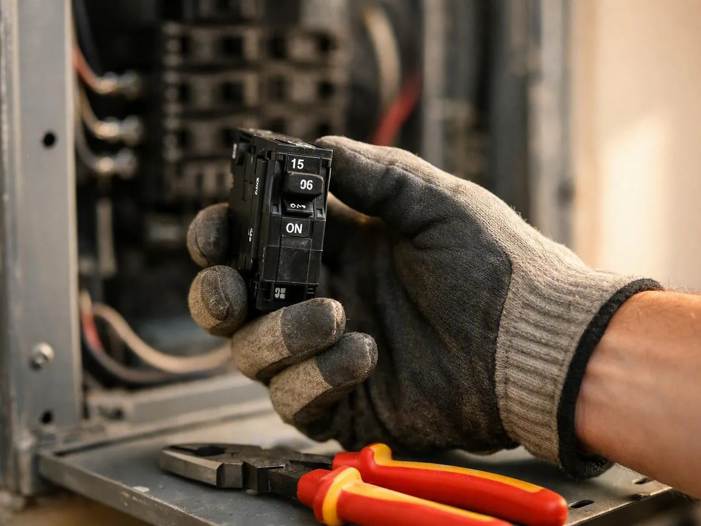 Gloved hands hold a circuit breaker and red-handled pliers inside an open panel