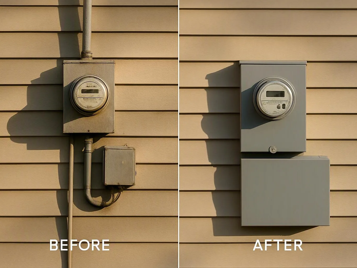 Before-and-after outdoor electric meter and wall boxes mounted on beige siding