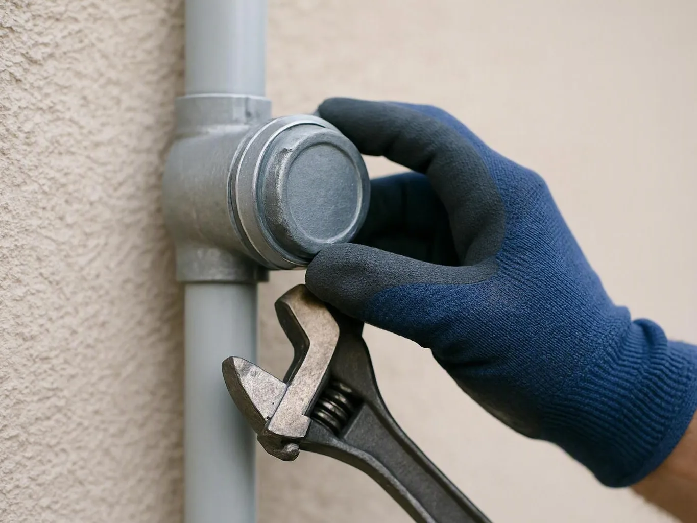 Gloved worker tightening a metal pipe fitting with a wrench against a stucco