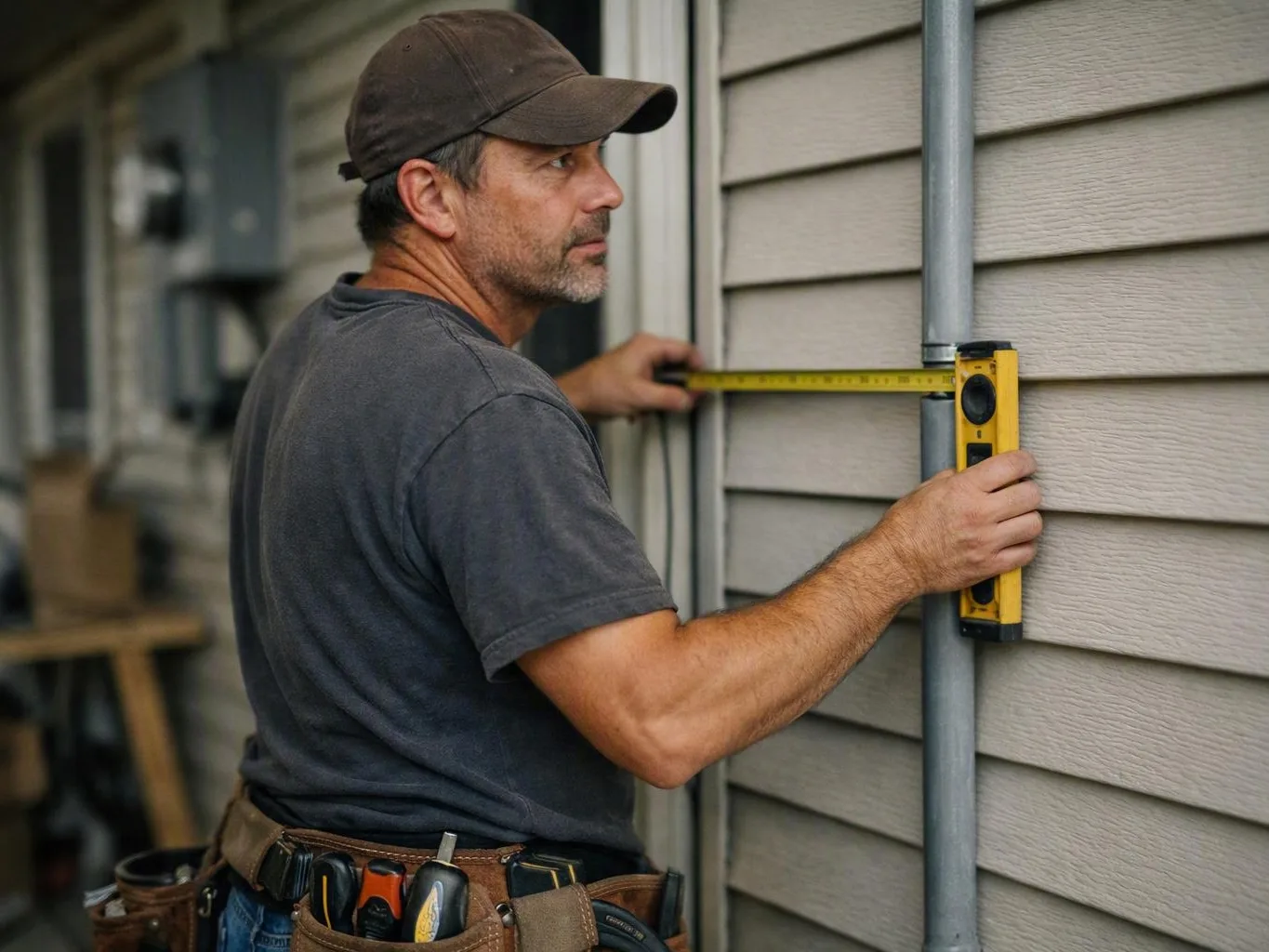 Worker measuring and leveling an exterior wall beside gray siding