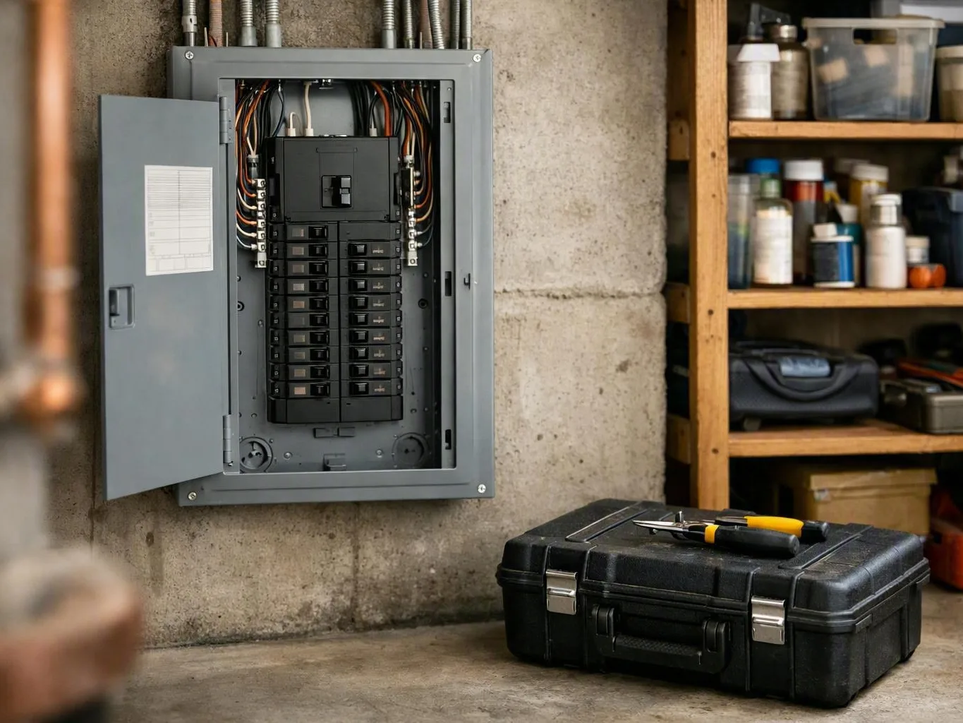 Open breaker panel in a concrete garage beside a tool case and shelves of