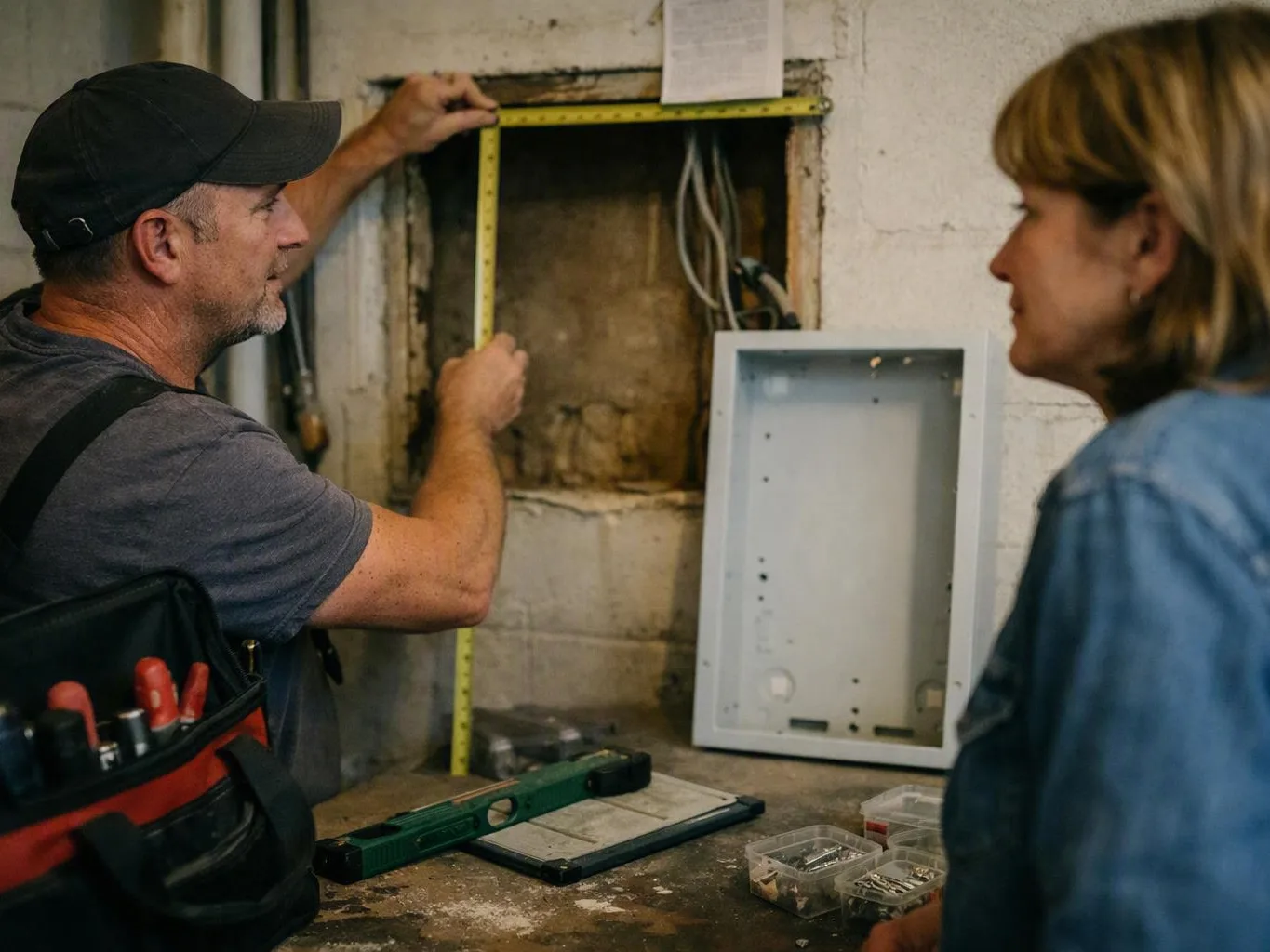 Electrician checking service wires outside a house