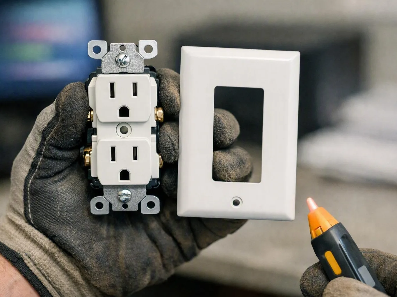 Gloved hands hold a white duplex outlet and wall plate while a voltage tester