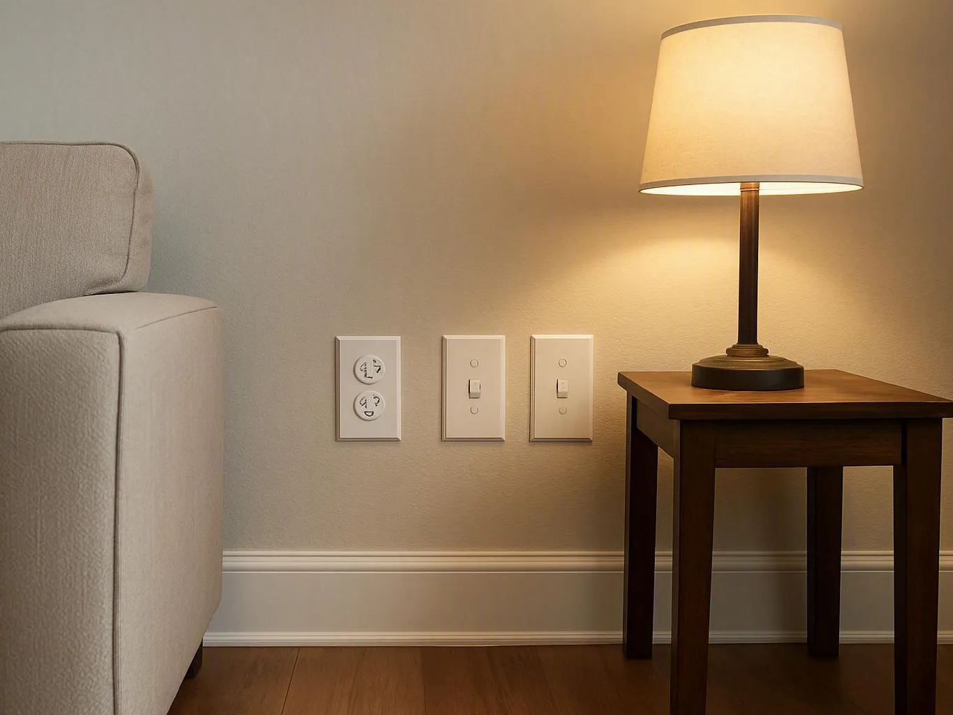 A lit table lamp rests on a wooden side table beside wall outlets and a sofa
