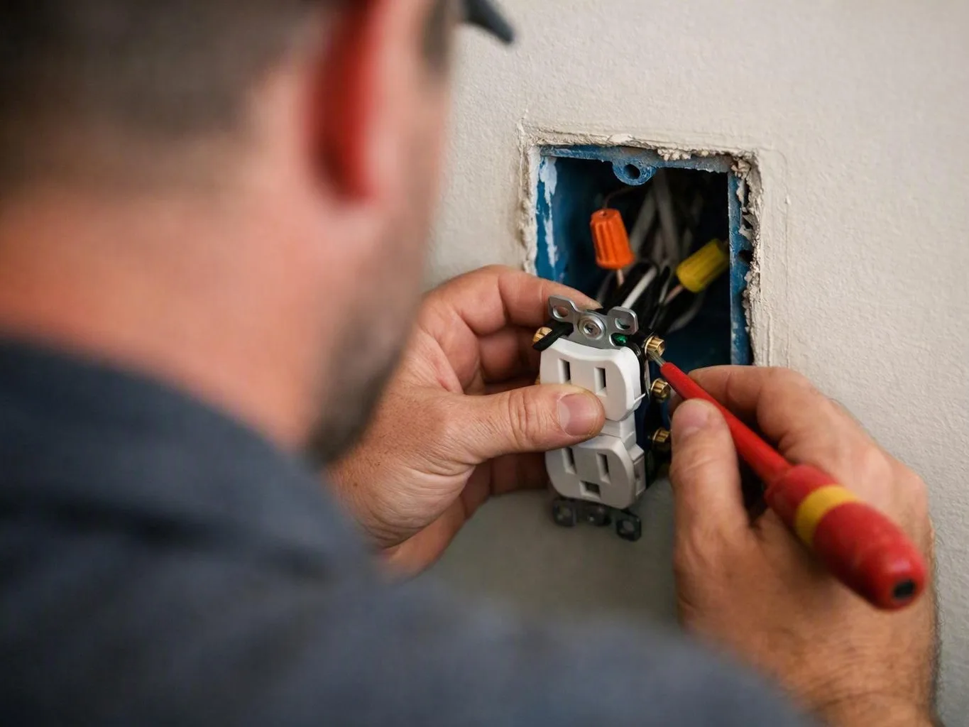 A person installs an electrical outlet in a wall box using a screwdriver