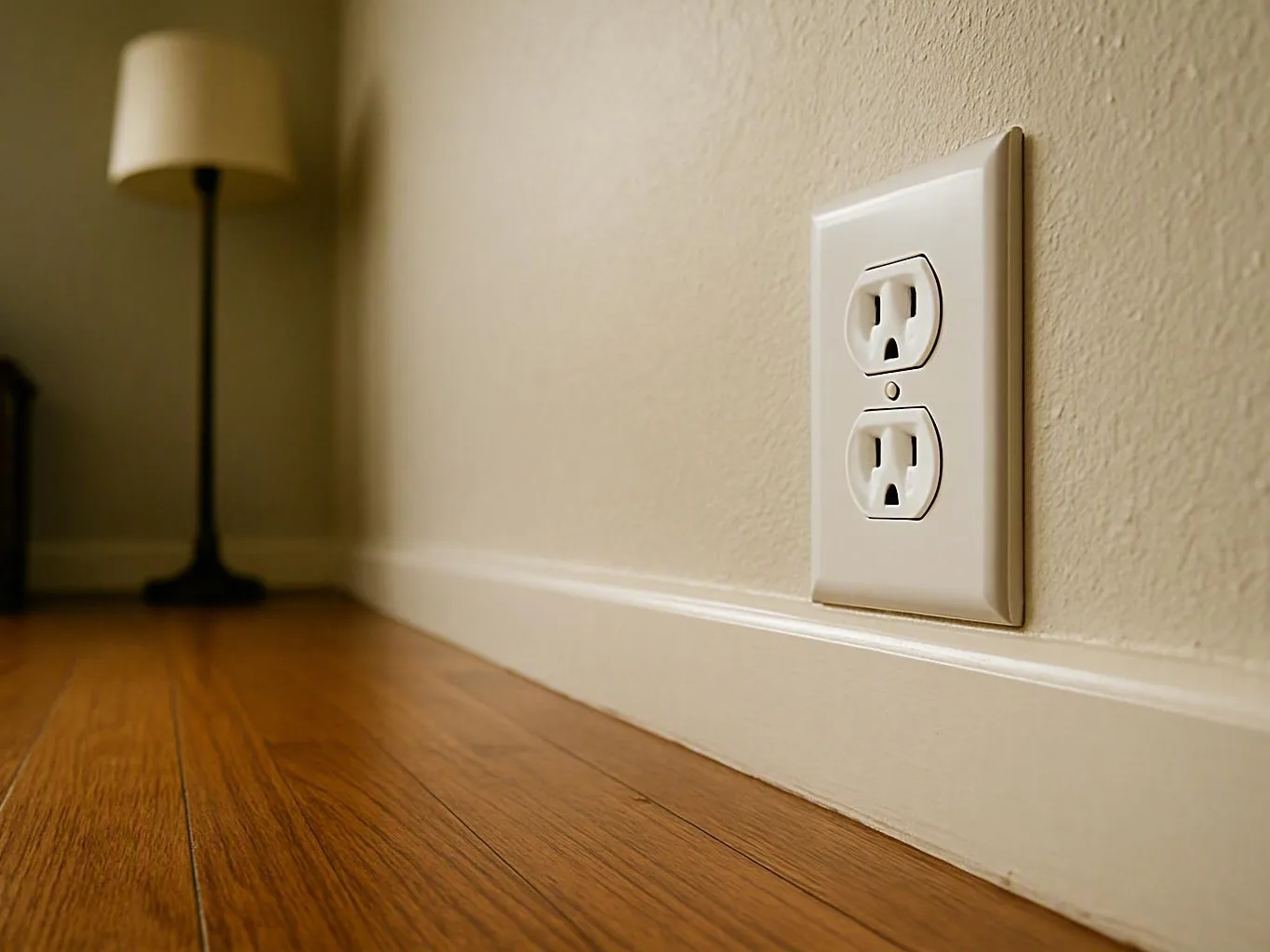A wall outlet sits beside a baseboard in a room with hardwood floor and a blurred floor lamp