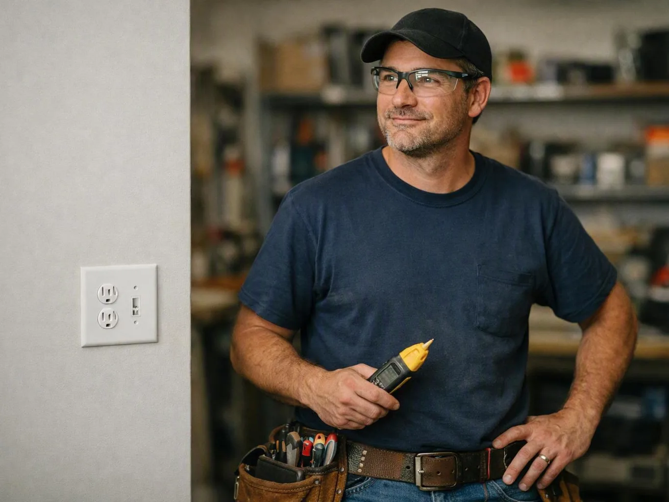 A man in a cap and glasses holds a yellow tool beside a wall outlet in a workshop
