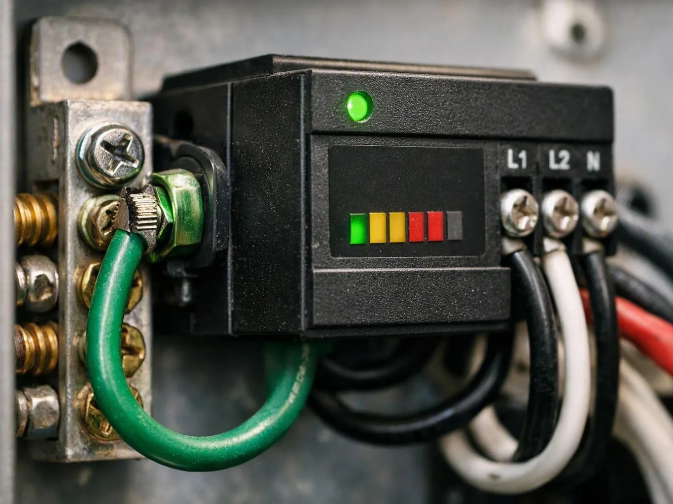 Close-up of an electrical control module with green, black, and white wires connected to screw terminals inside a metal panel