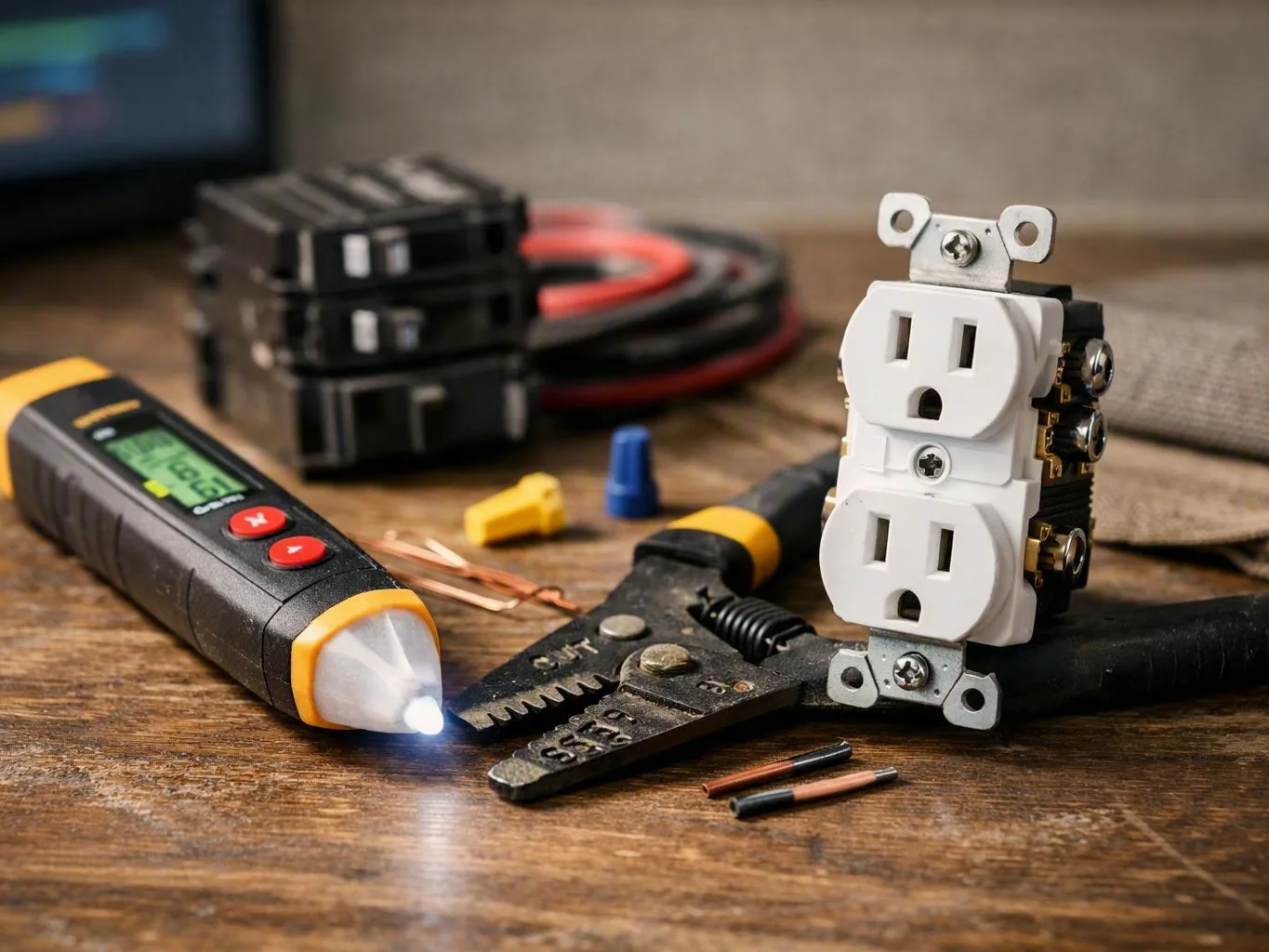Electrician inspecting a fuse box in an older home