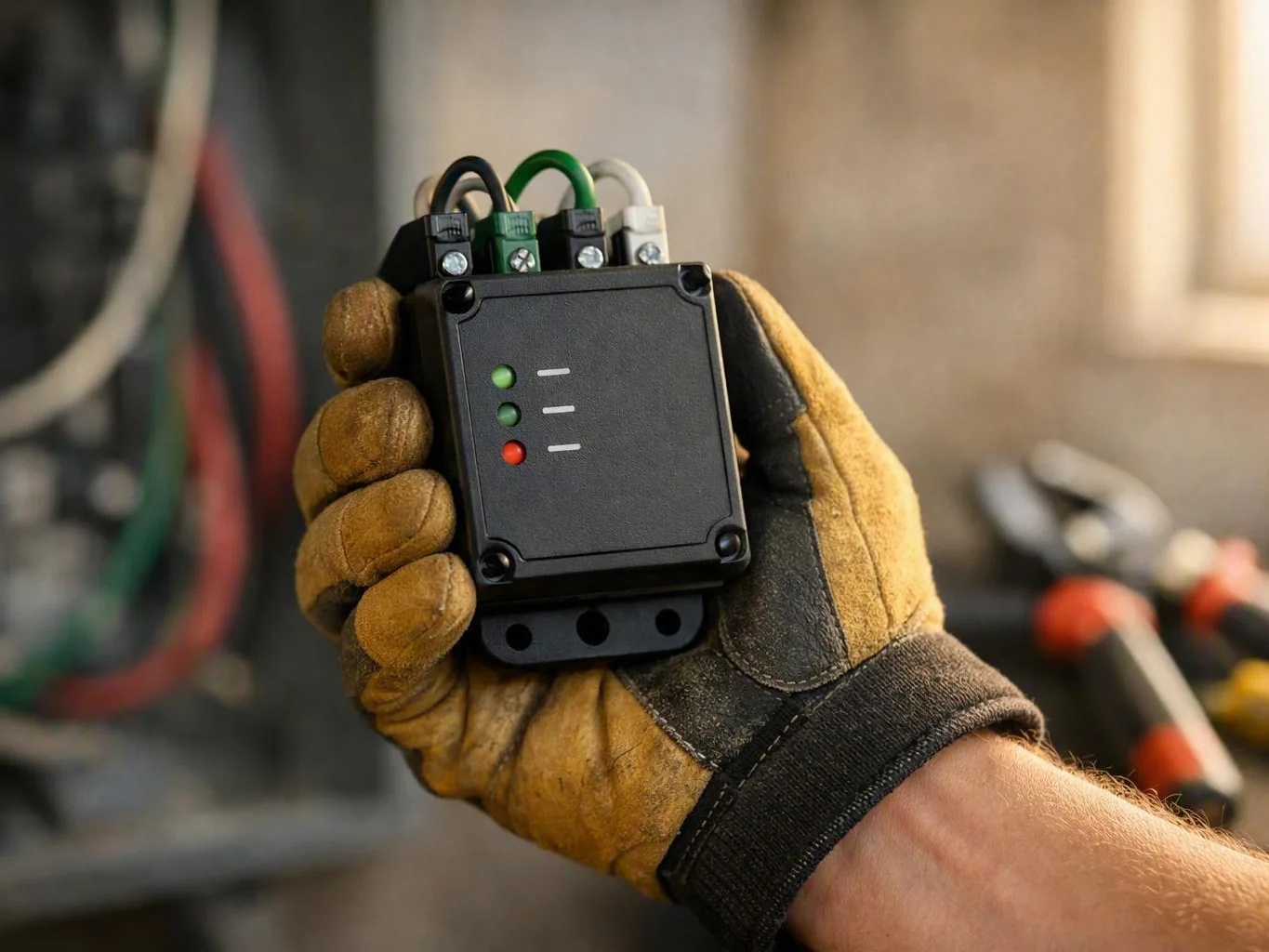 A gloved hand holds a small black electrical control box with wires and three indicator lights in a workshop