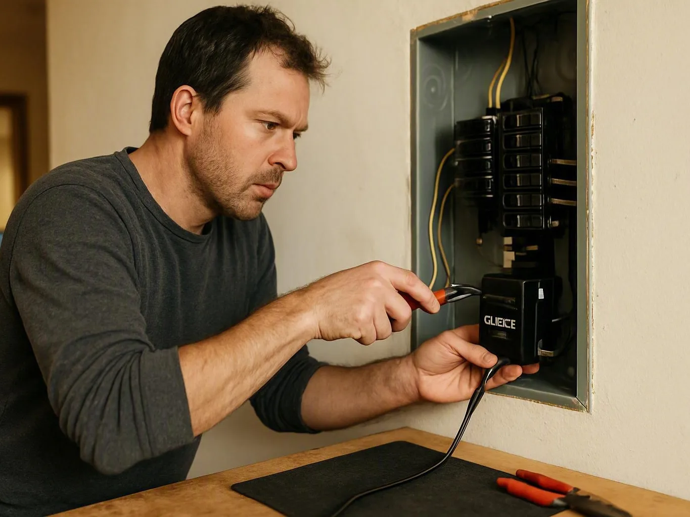 Electrician uses pliers to repair a wall-mounted electrical panel inside a room