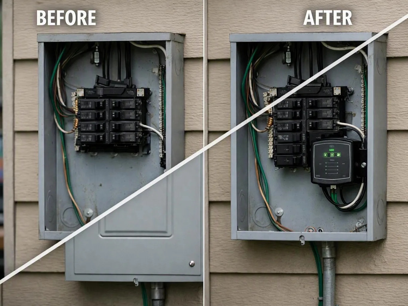 Before-and-after view of an outdoor electrical panel with exposed wiring and a
