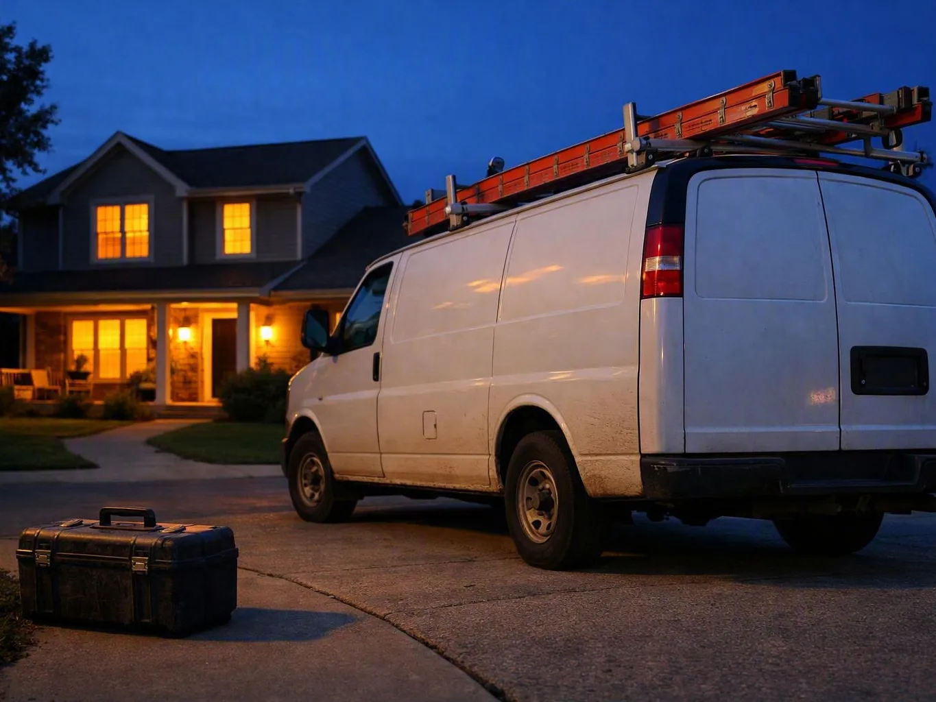 A white work van with ladders on top is parked outside a lit suburban house at dusk, with a black toolbox on the driveway