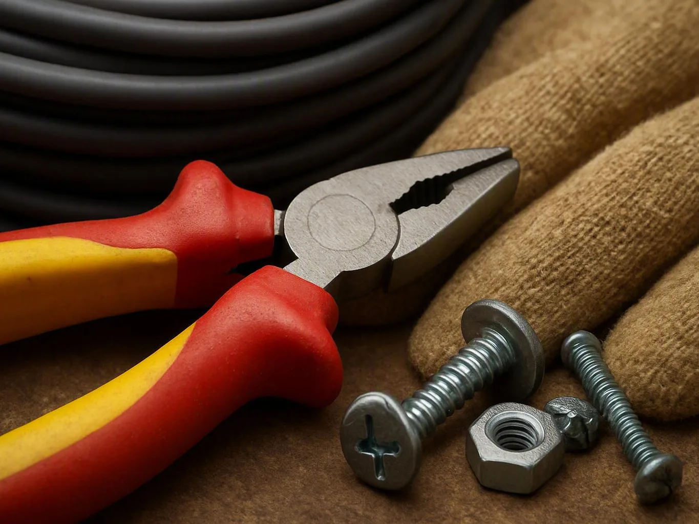 Wire cutters, screws, a nut, and work gloves rest on a brown work surface