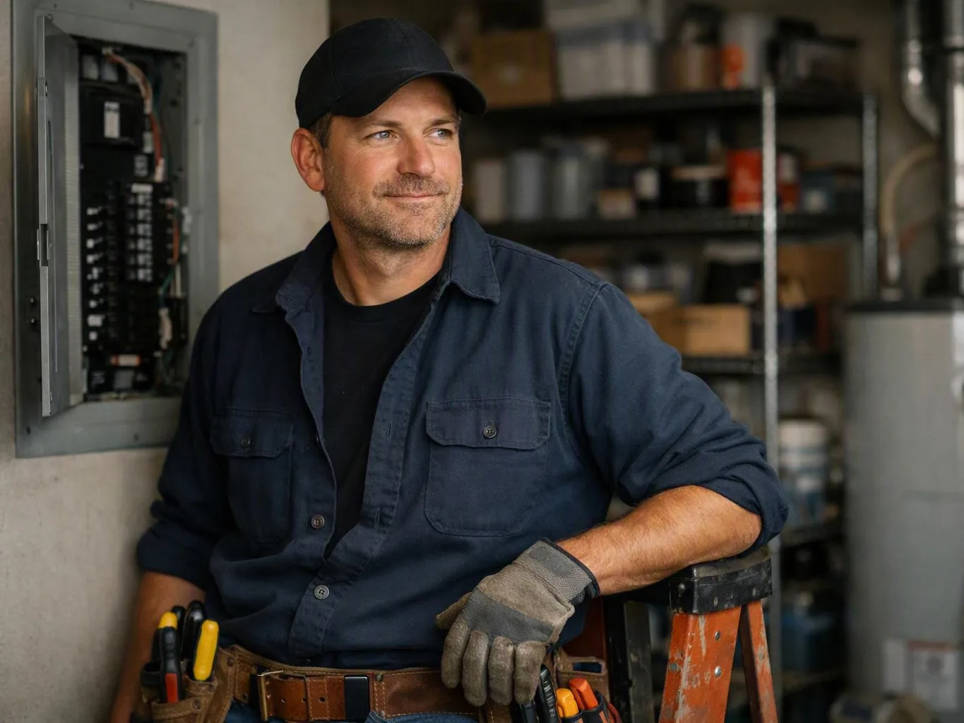 A man in a cap and work gloves leans on a ladder beside an open electrical panel in a workshop