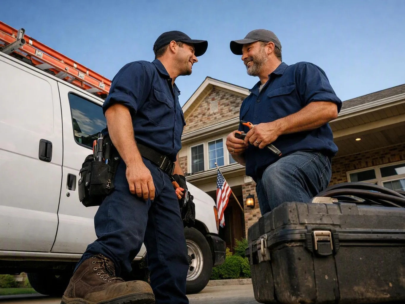 Two workers in navy uniforms smile beside a white van and tool case in a suburban driveway