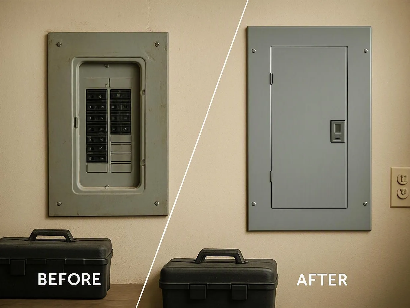 Side-by-side wall electrical panels appear