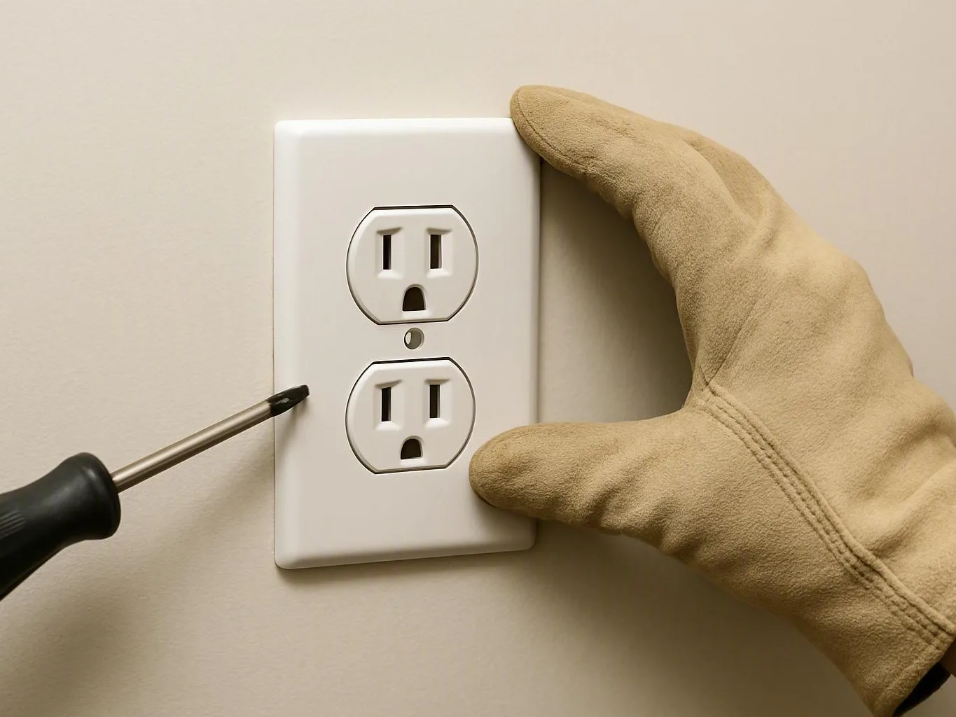 A gloved hand holds a wall outlet while a screwdriver loosens the cover plate screw