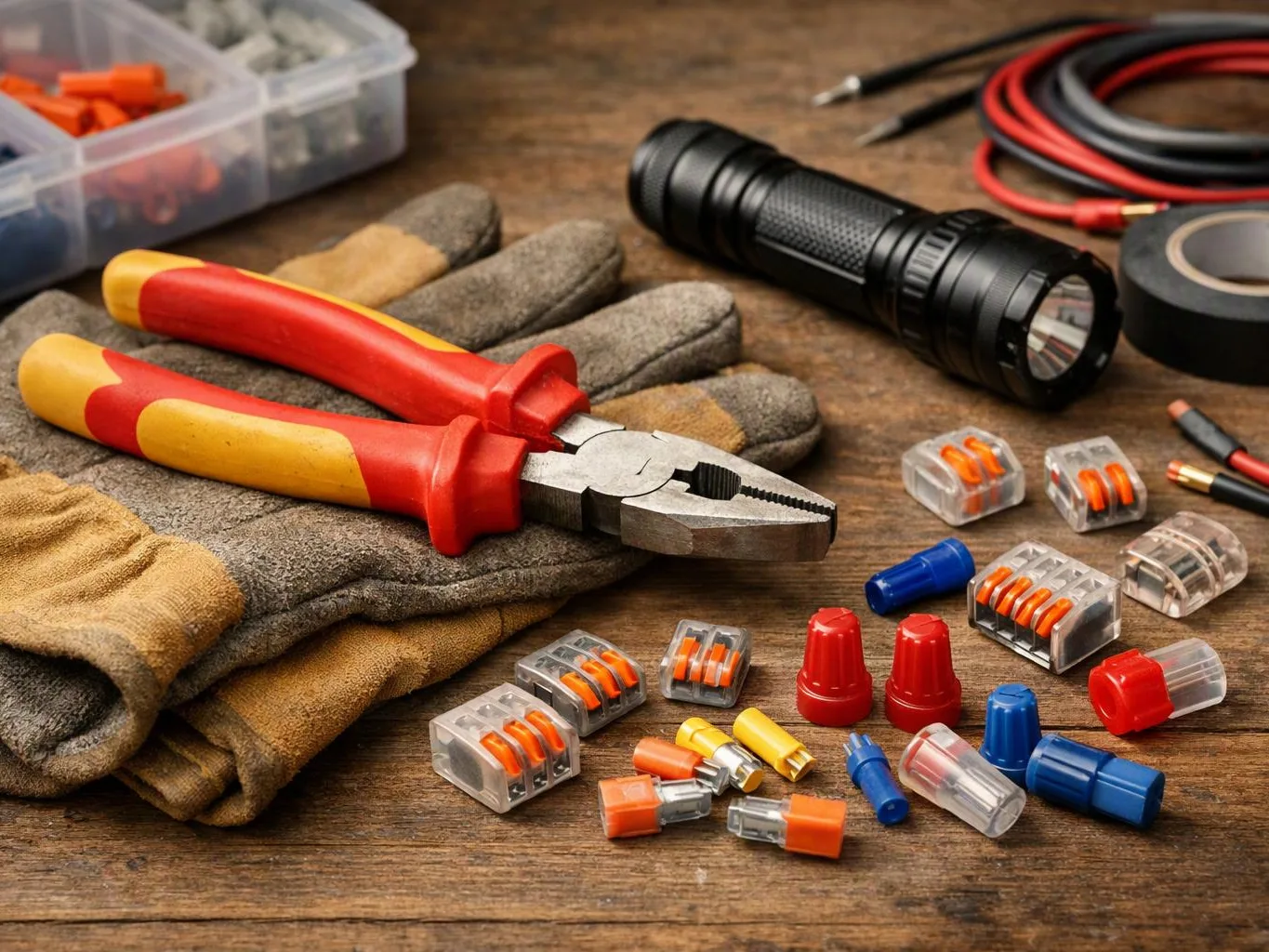 Pliers, gloves, a flashlight, wire connectors, and cables are arranged on a wooden workbench