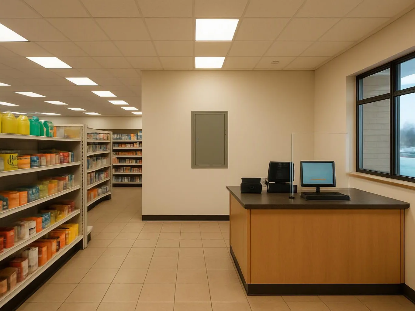 A quiet store aisle shows shelves of colorful bottles, a checkout counter, and a windowed wall