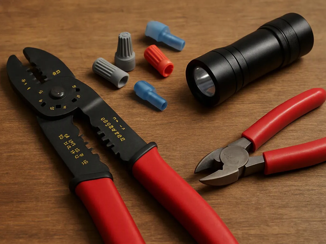 Red and black wire strippers, diagonal cutters, a flashlight, and small wire connectors rest on a wooden surface