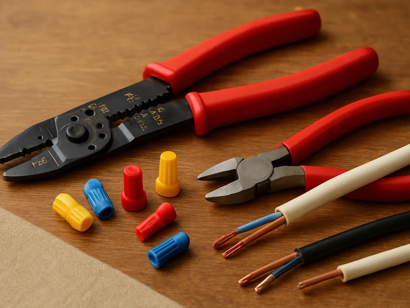 Red-handled pliers and cutters rest on a wooden surface beside stripped electrical wires and colorful wire connectors