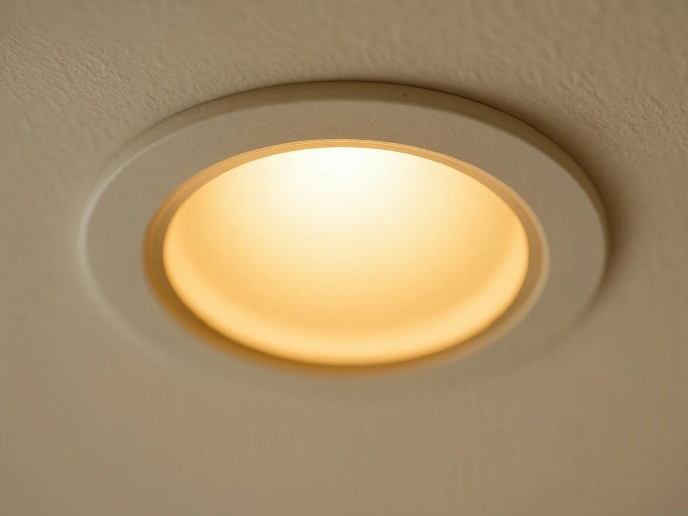A round recessed ceiling light glows warm yellow against a beige ceiling