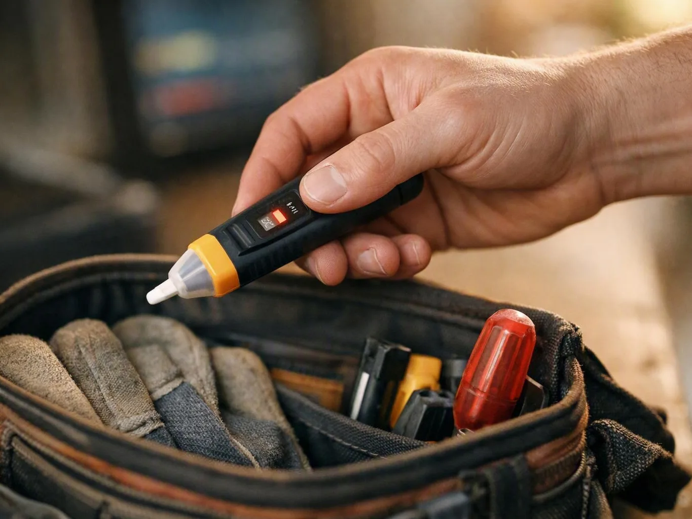 A hand holds a pocket voltage tester above a tool bag filled with gloves and screwdrivers