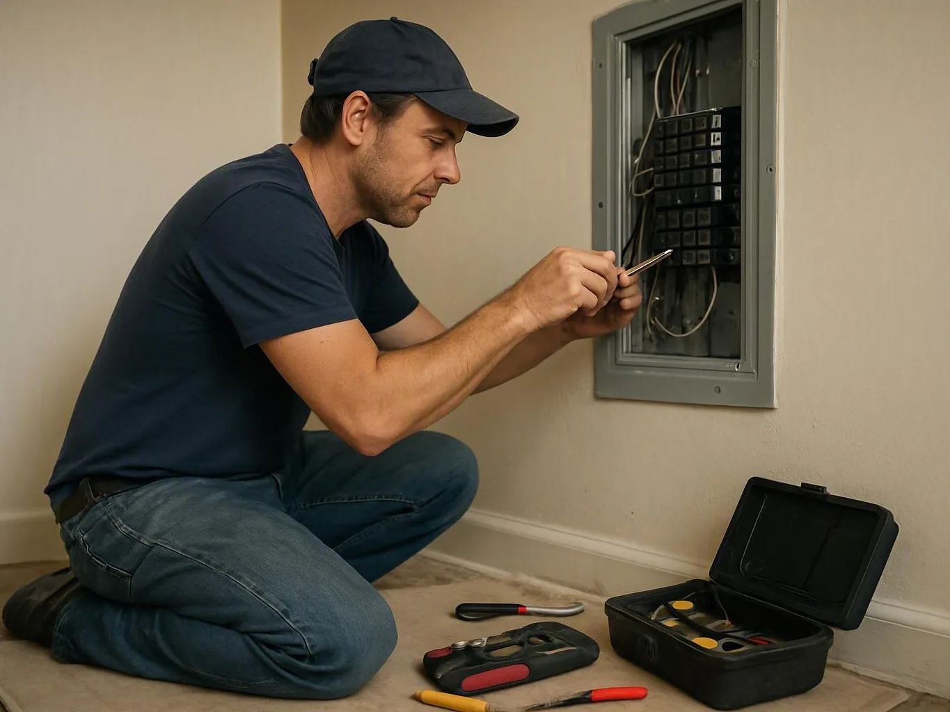 A technician kneels by an open electrical panel, using a small tool beside a case of instruments on the floor