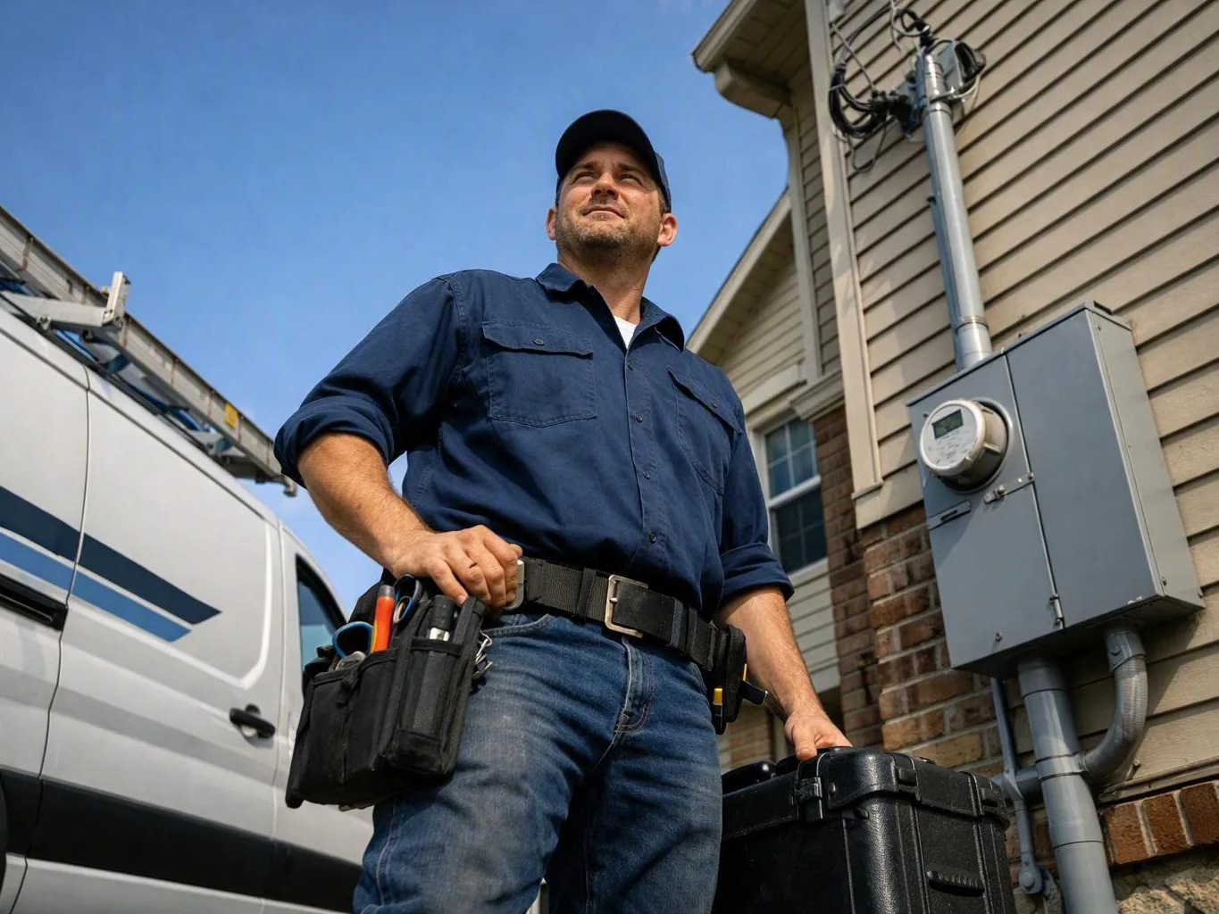A technician stands beside a house, holding a toolbox and wearing a tool belt under a clear blue sky