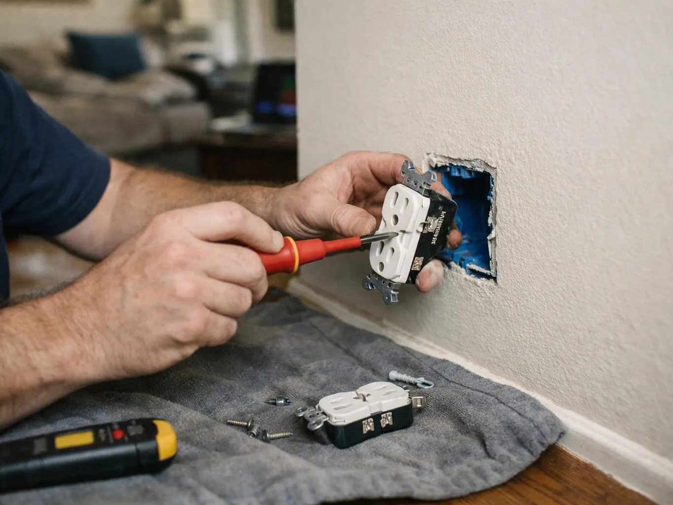 A person installs an electrical outlet in a wall cutout with a screwdriver on a drop cloth