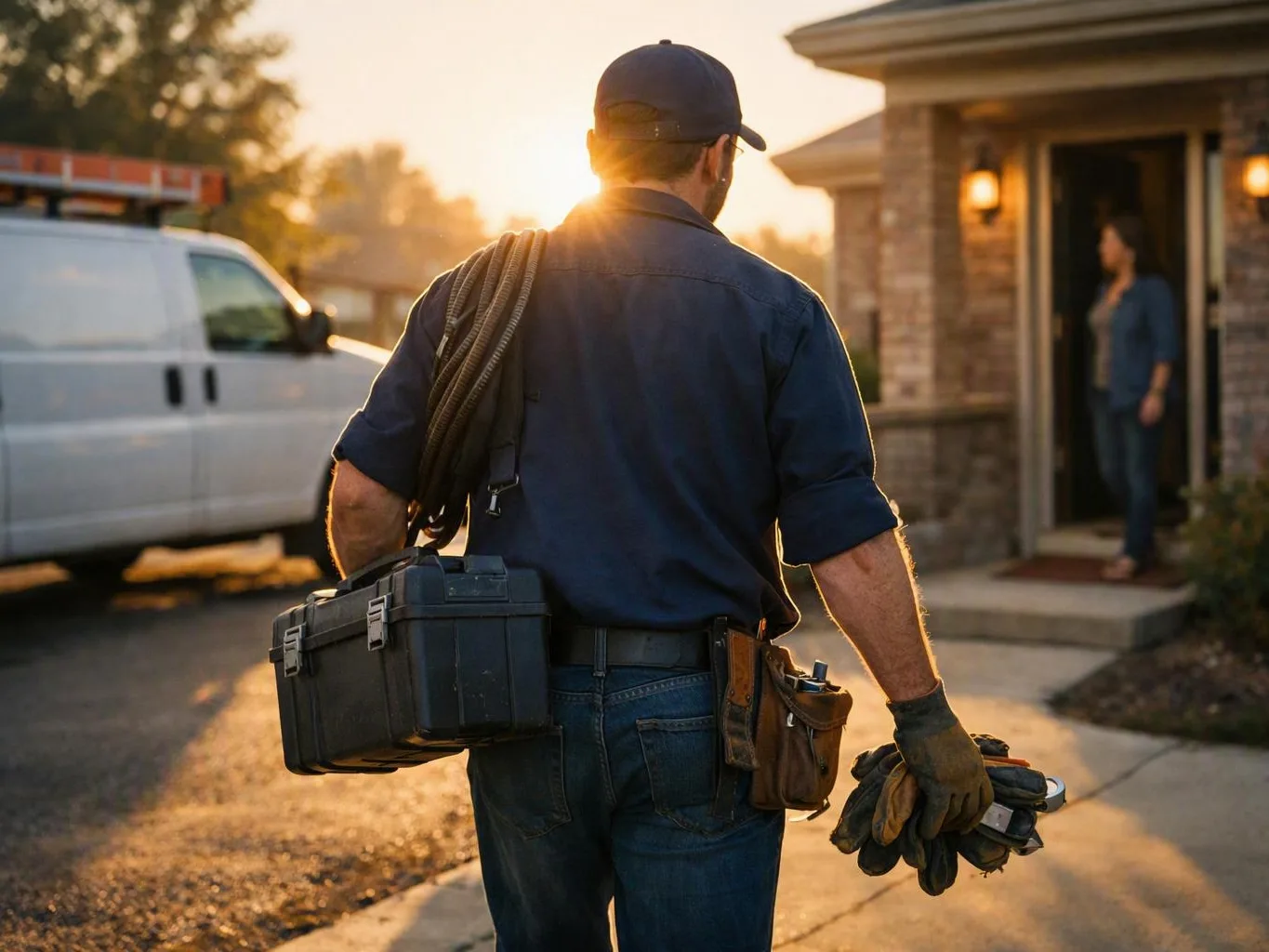 Utility worker walks toward a house at sunset carrying a toolbox, gloves, and