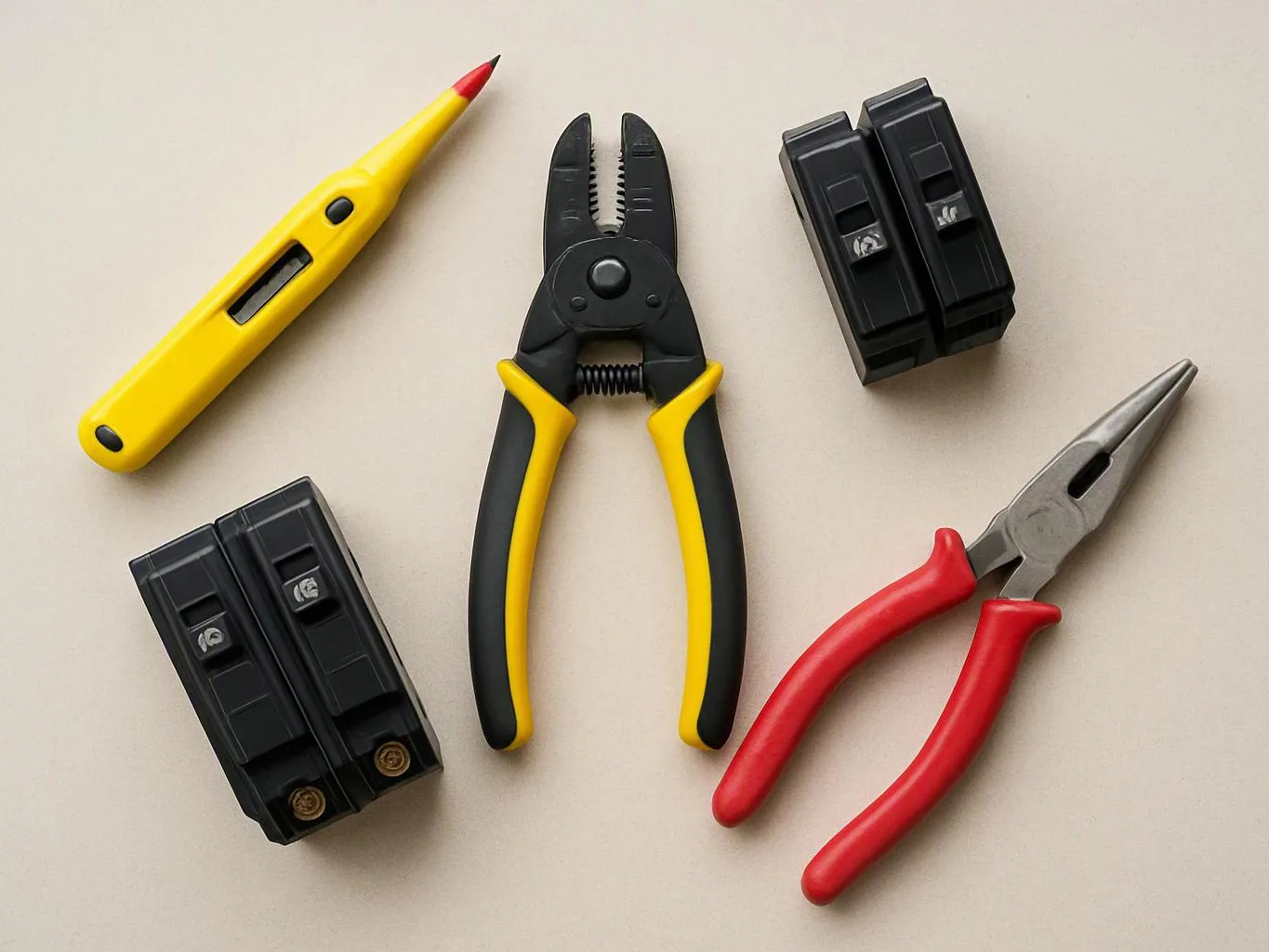 Several electrical tools and circuit breakers are arranged neatly on a light tabletop
