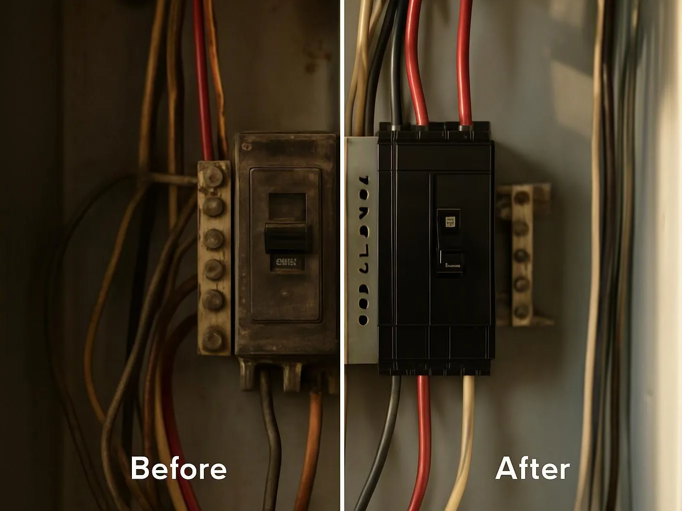 Side-by-side electrical panel, showing a worn old breaker box before and a clean new one after