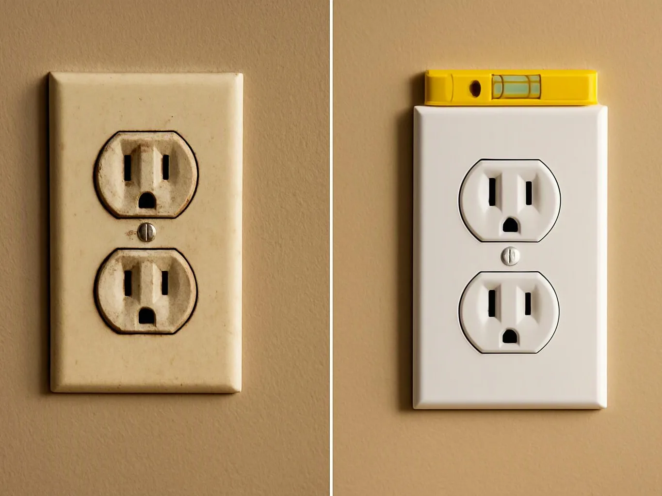 A side-by-side wall outlet comparison shows an old dirty plate beside a clean new one with a level on top