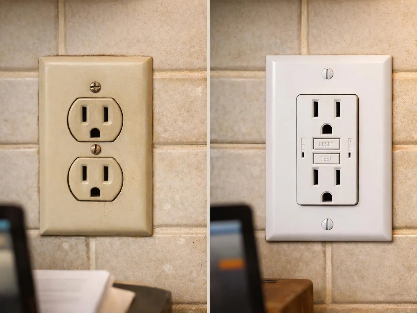 Side-by-side wall outlets show an old beige socket on the left and a new white GFCI outlet on the right