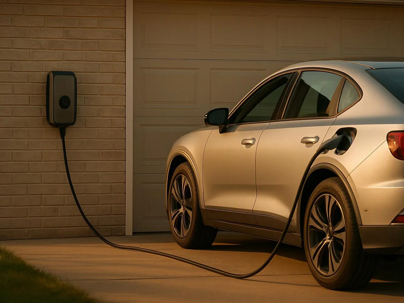 Silver electric sedan charges from a wall-mounted station outside a garage at dusk