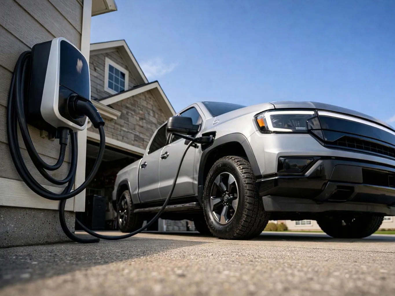 A silver pickup truck charges from a wall-mounted charging station outside a suburban garage under a clear blue sky