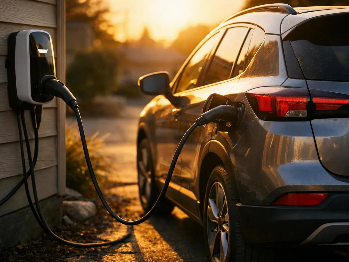 A silver SUV charges at a wall-mounted station beside a house at sunset