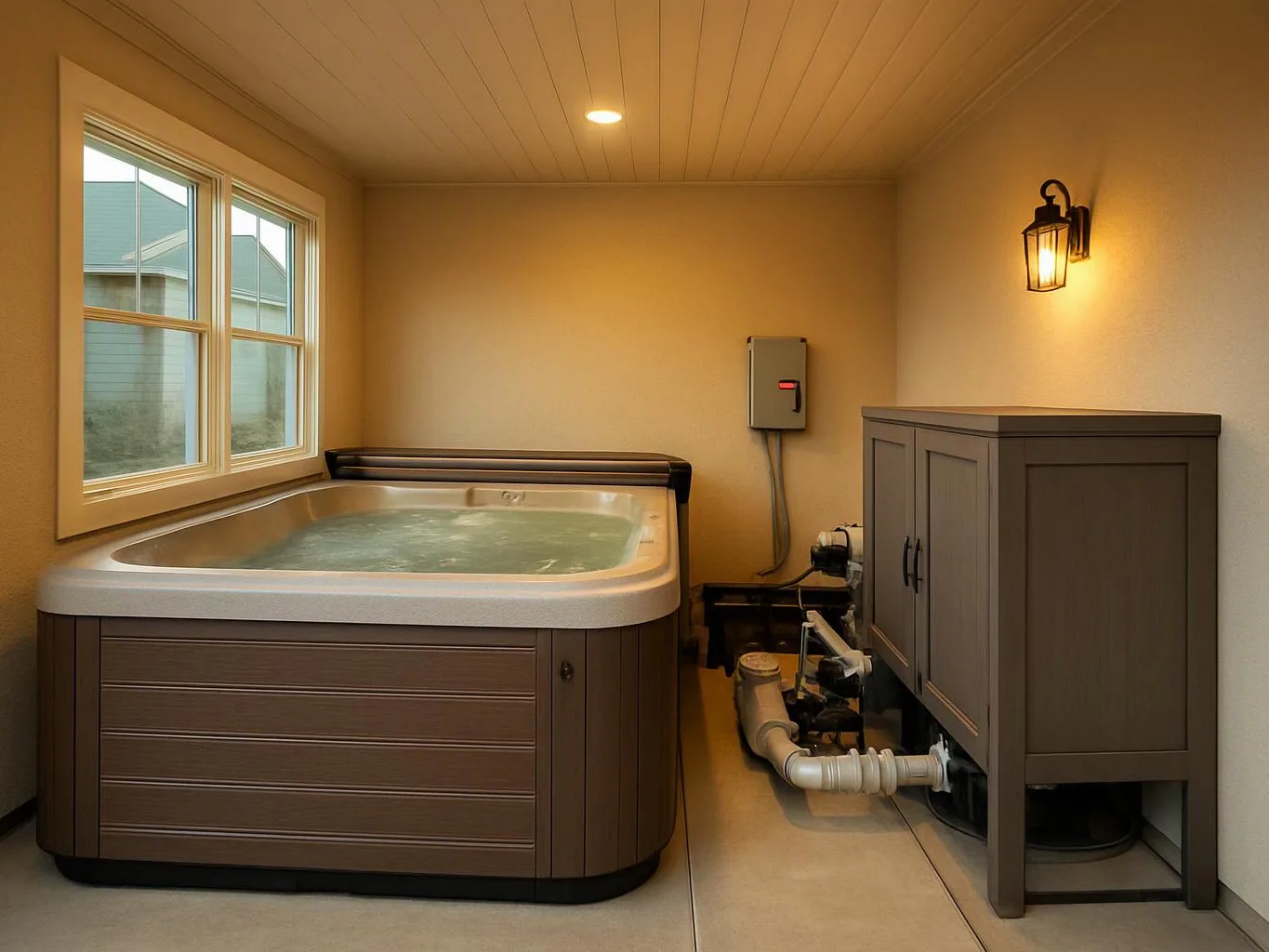 A small indoor spa room shows a hot tub, cabinet, window, and exposed plumbing under warm lights